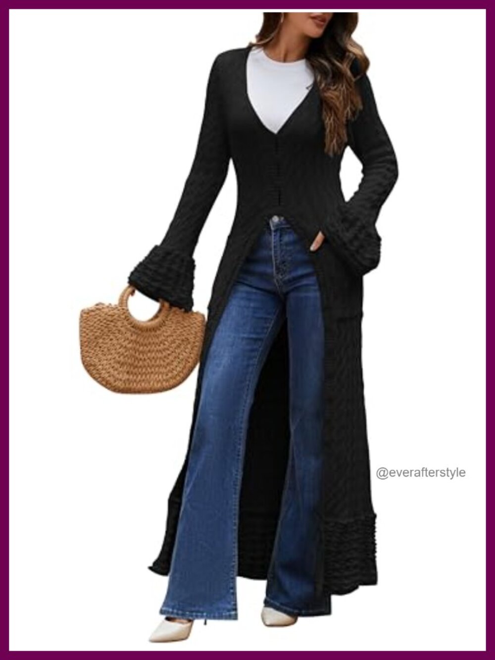 Maxi Long Chunky Cable Knit Cardigan Sweater Button Down Bell Sleeve Ruffle Hem